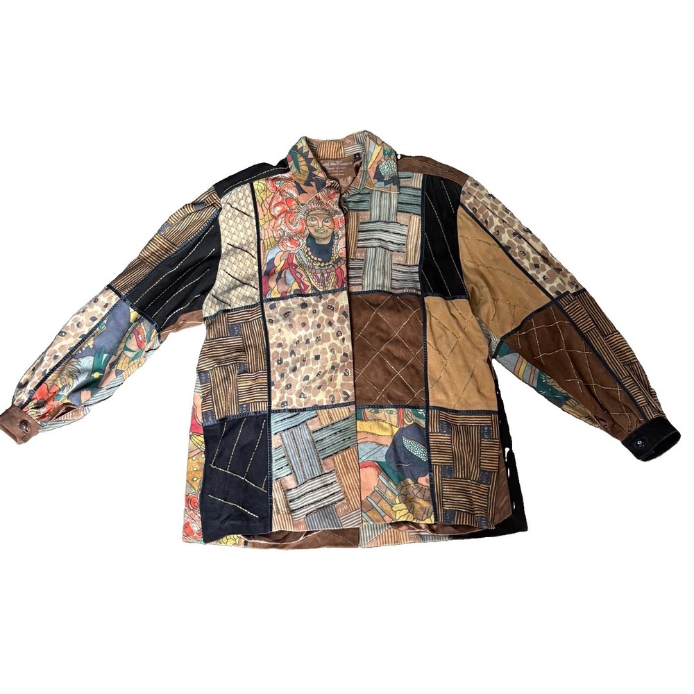 VTG Judith Ann Creations Patchwork Leather Jacket Beaded Suede Art To Wear L